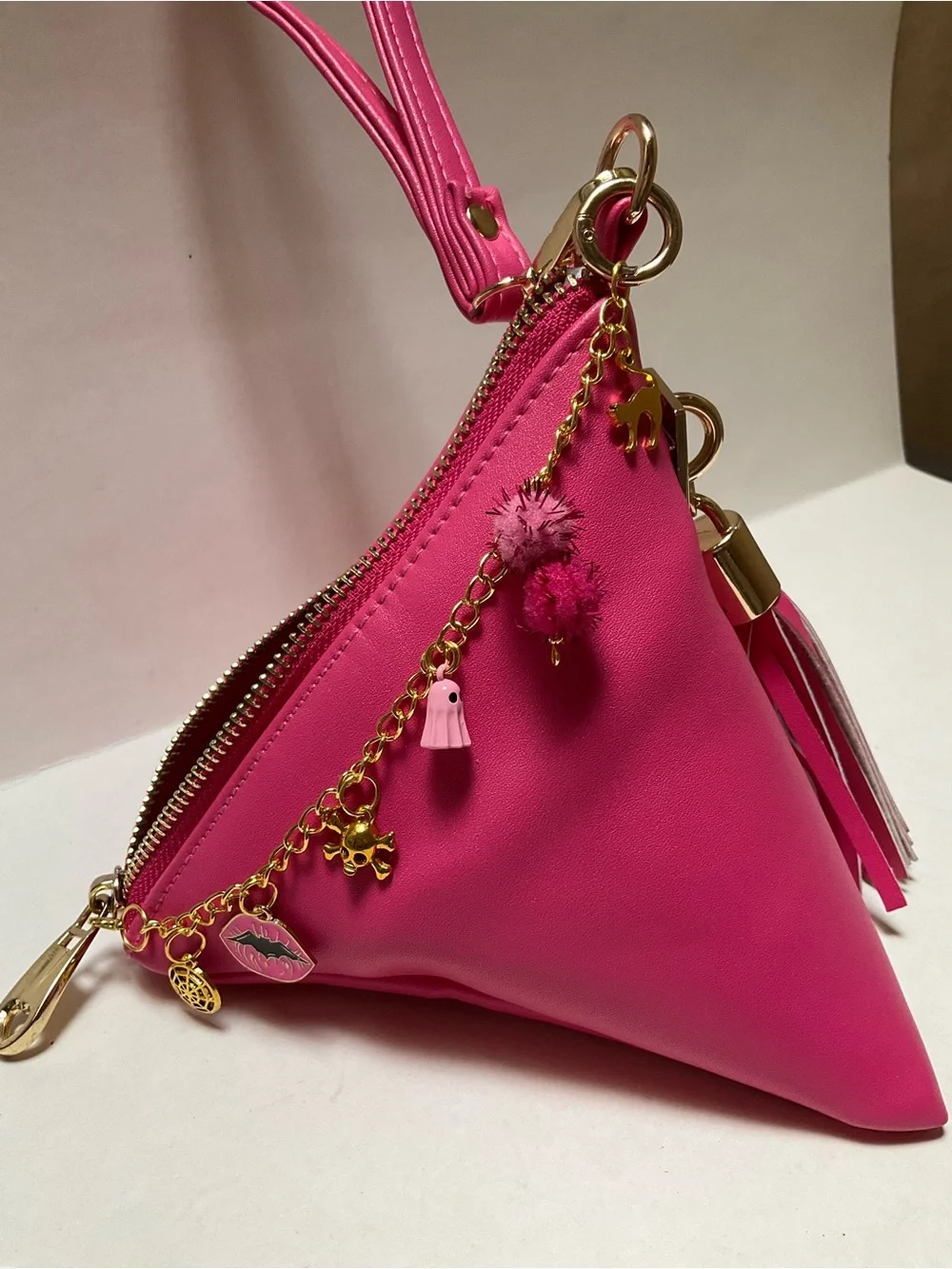 Synthetic leather triangle Hot Pink Wristlet Clutch Gold Spike Summerween Charms